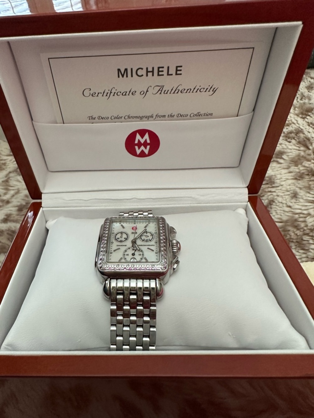 Michele Watch Deco Chronograph with Diamond and Pink Sapphire Bezel